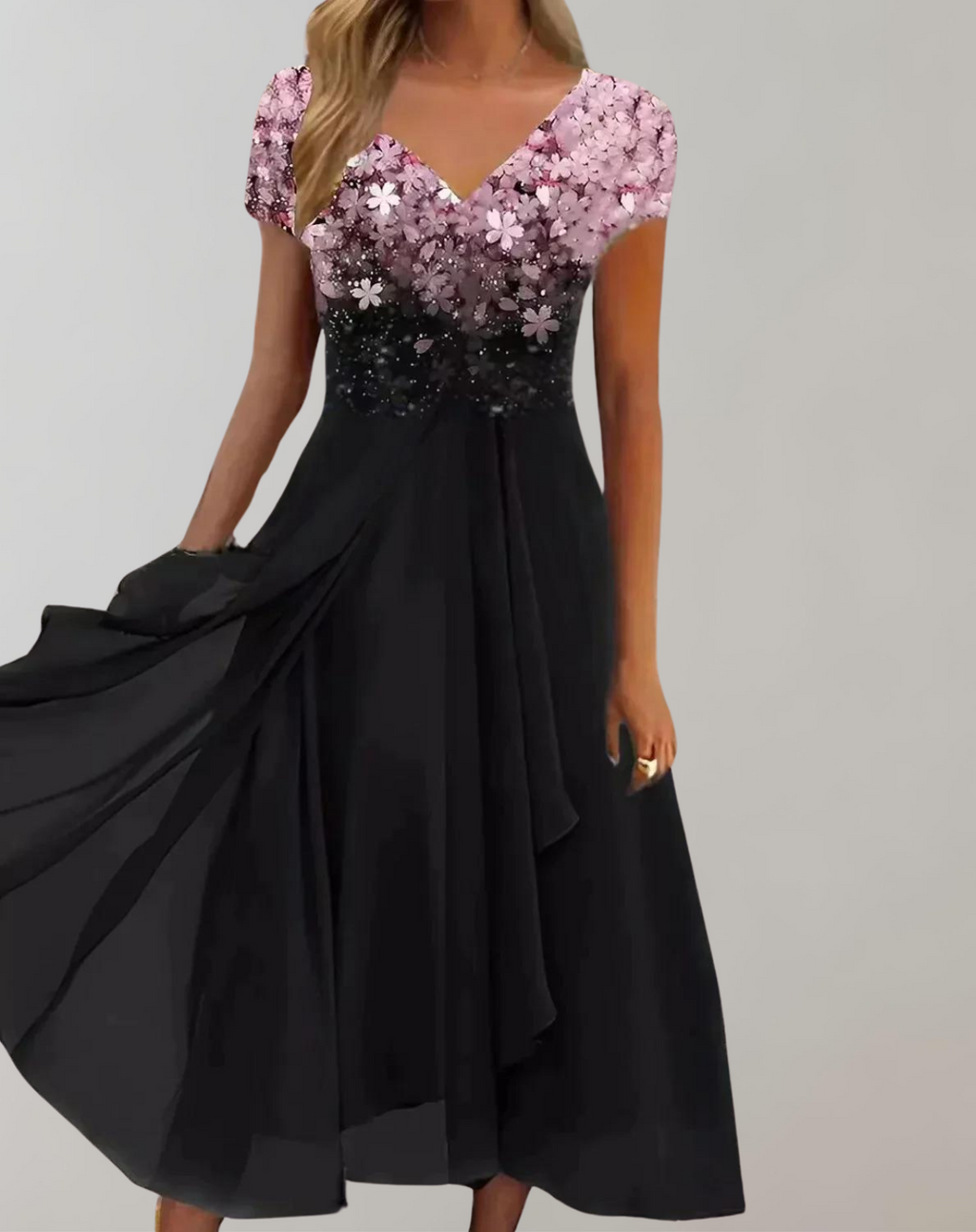Valenzora – Kleid mit leuchtenden Blüten | Abendkleid für Damen | Kleid mit glänzendem Oberteil