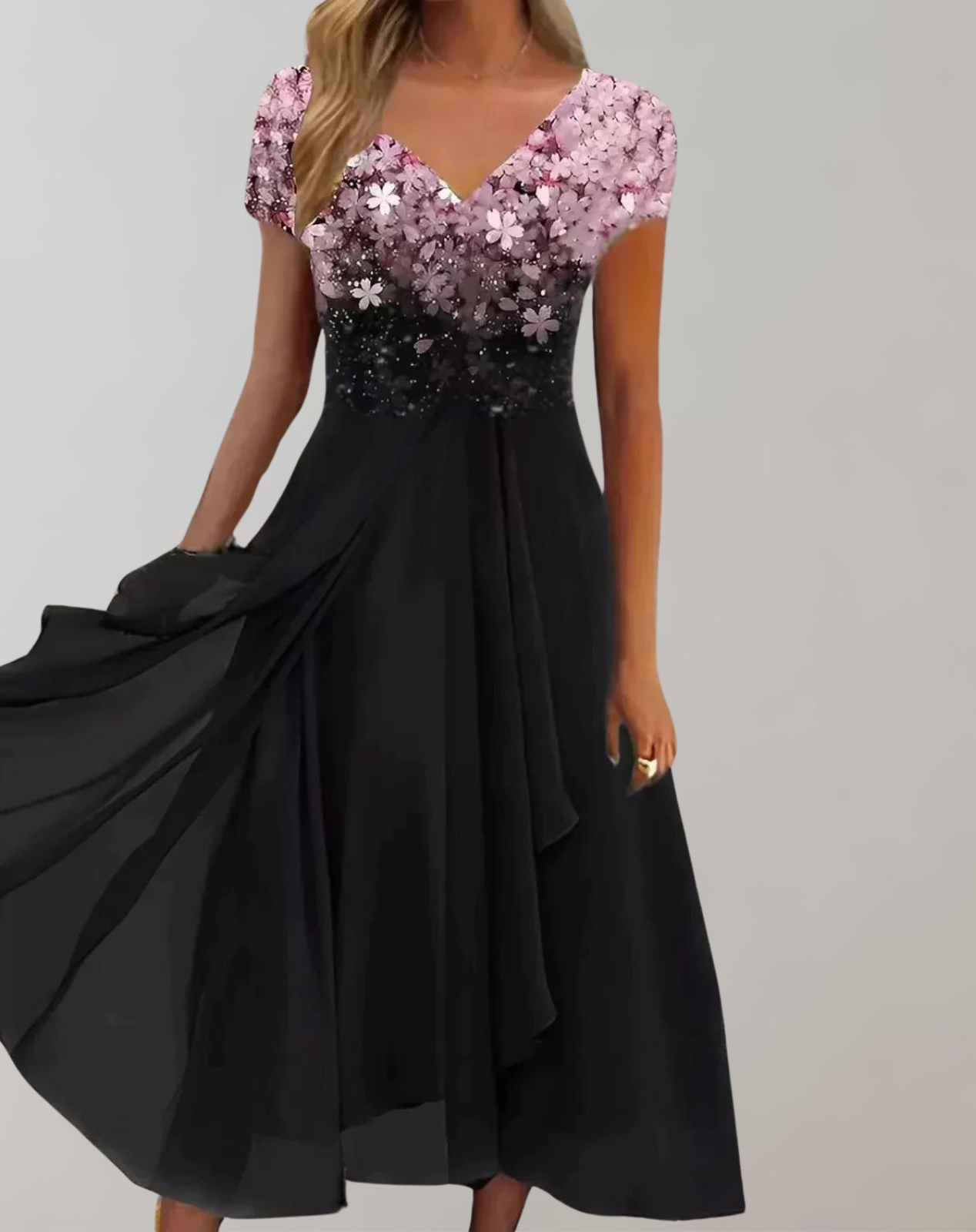Valenzora – Kleid mit leuchtenden Blüten | Abendkleid für Damen | Kleid mit glänzendem Oberteil