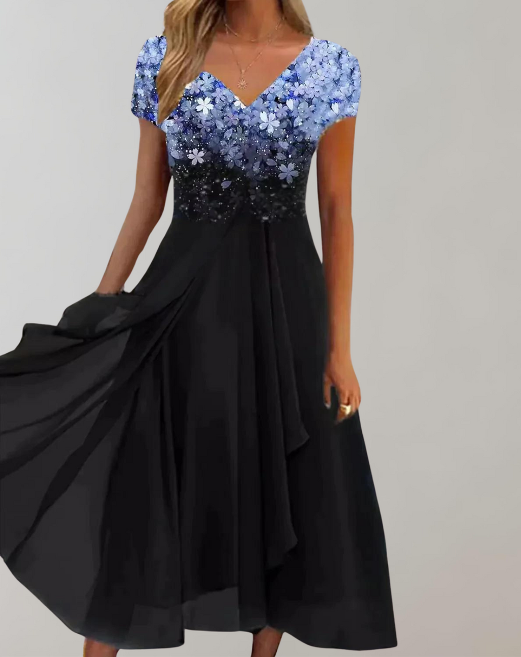 Valenzora – Kleid mit leuchtenden Blüten | Abendkleid für Damen | Kleid mit glänzendem Oberteil