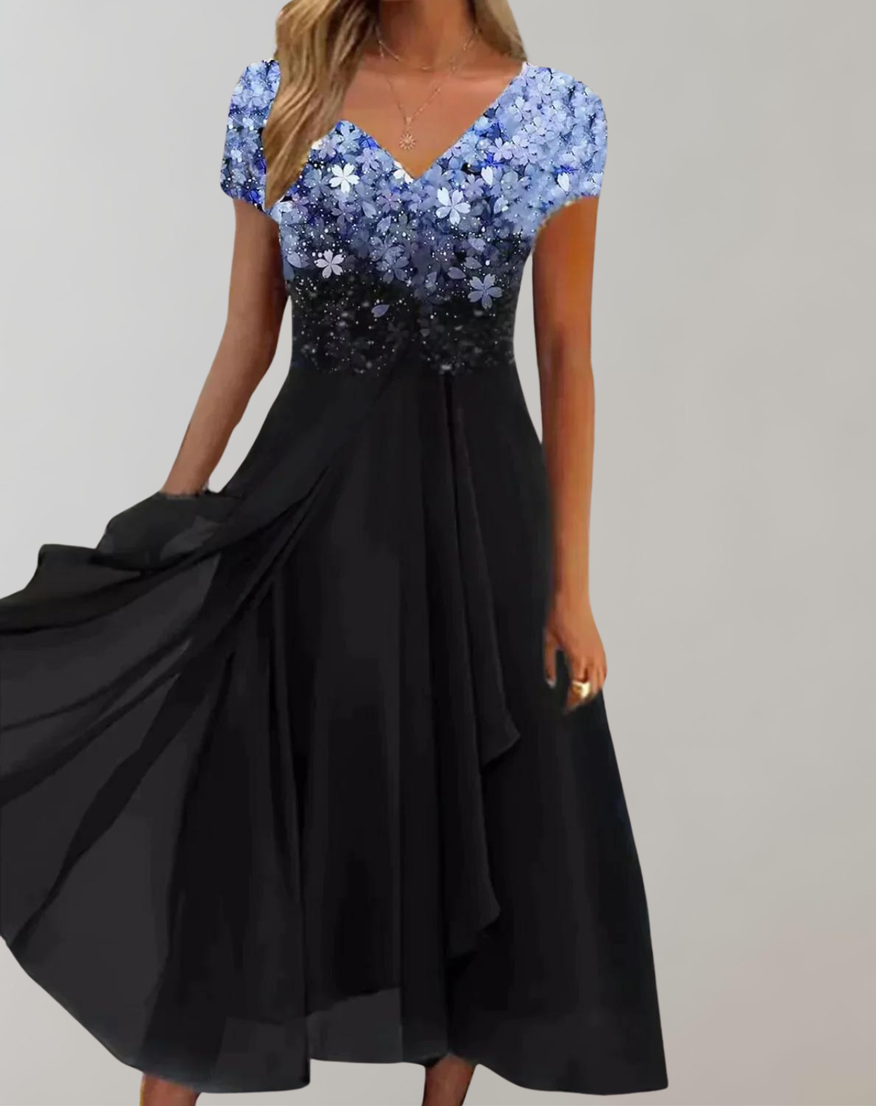 Valenzora – Kleid mit leuchtenden Blüten | Abendkleid für Damen | Kleid mit glänzendem Oberteil