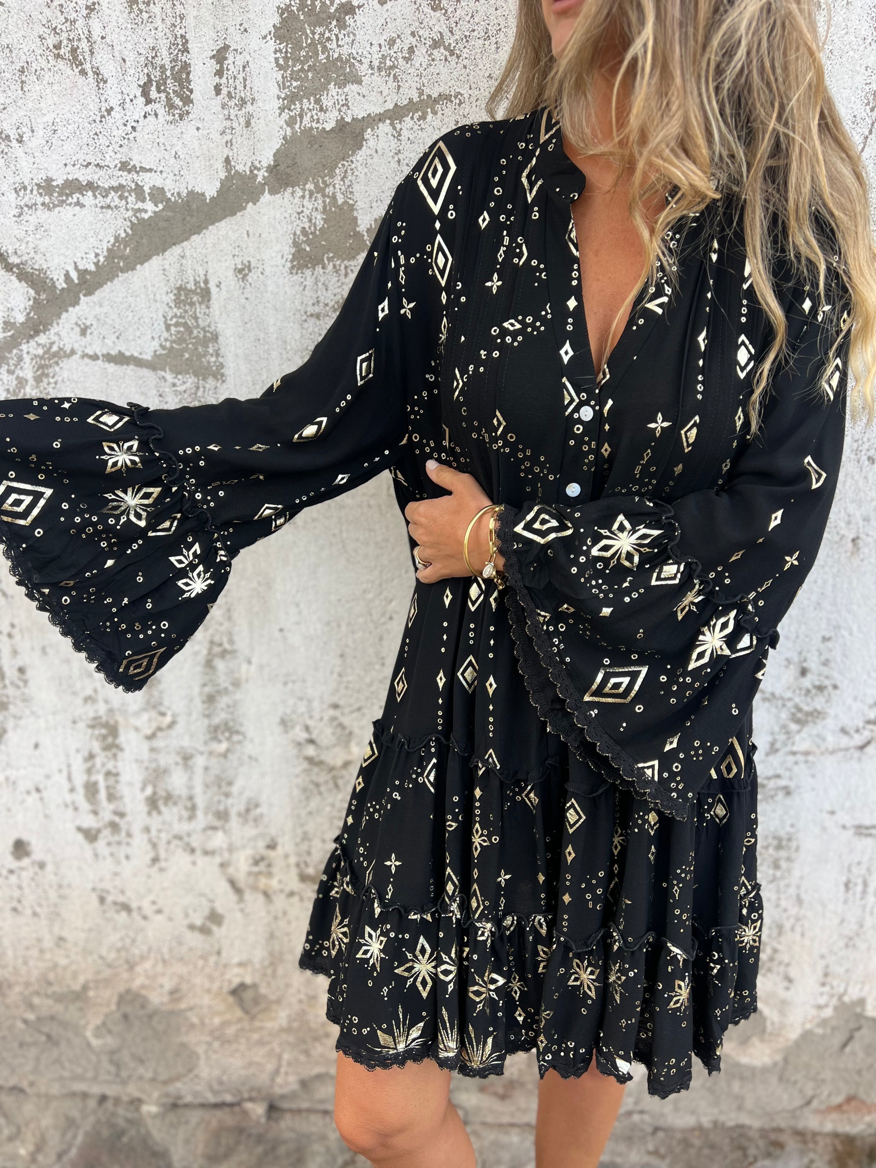 Valenzora | Boho Metallic Shirt Dress