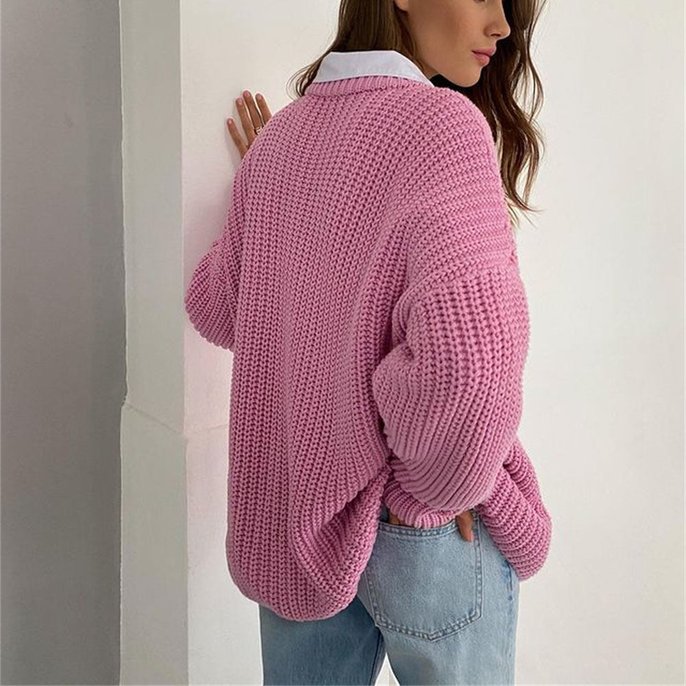 Valenzora – Fashionable solid-color knit sweater with round neck