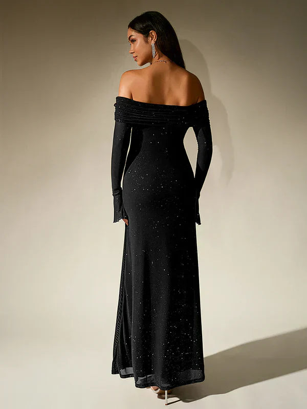 Valenzora | Off-the-shoulder evening dress in brown with glitter