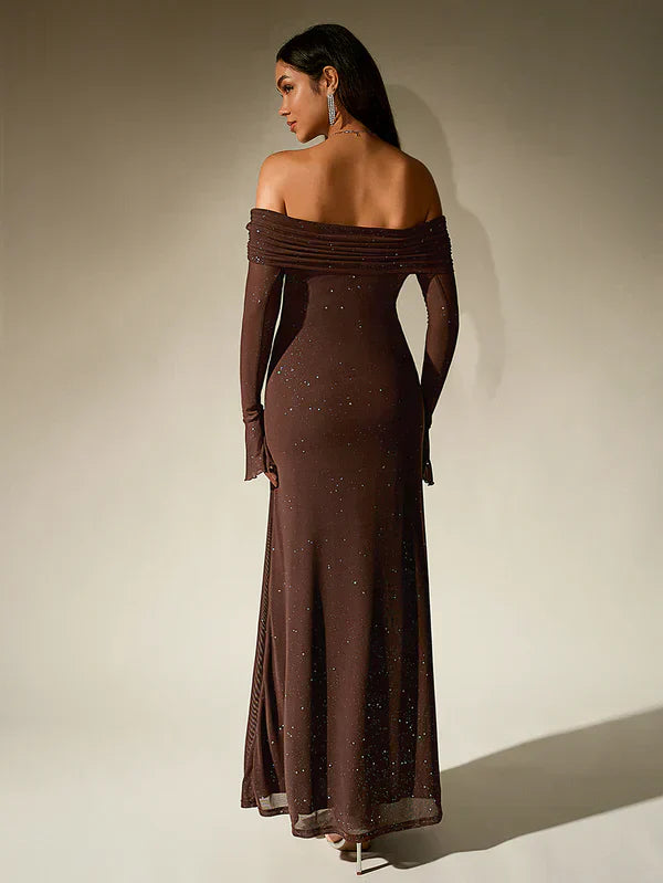 Valenzora | Off-the-shoulder evening dress in brown with glitter