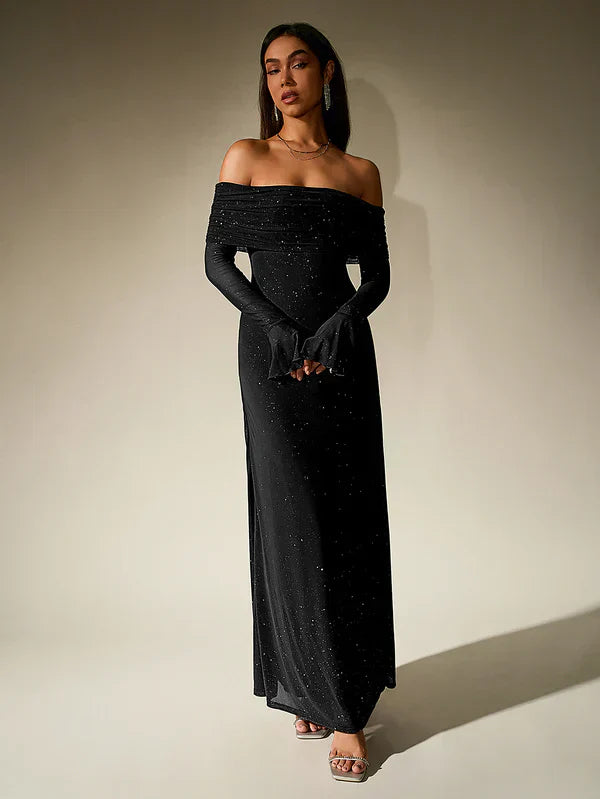 Valenzora | Off-the-shoulder evening dress in brown with glitter