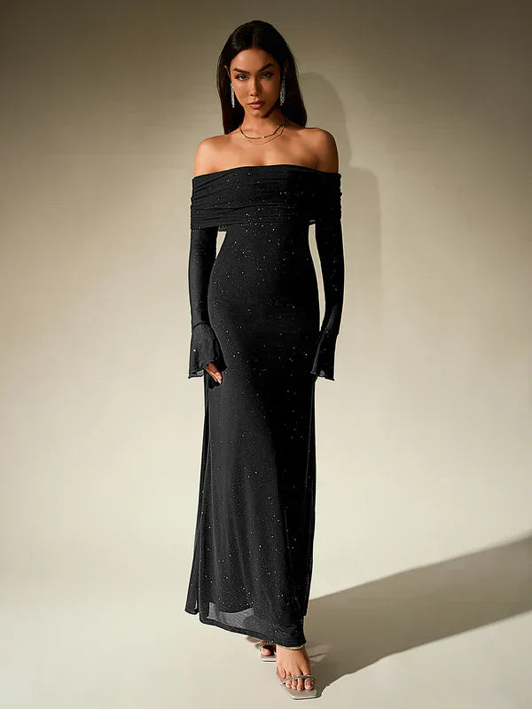 Valenzora | Off-the-shoulder evening dress in brown with glitter