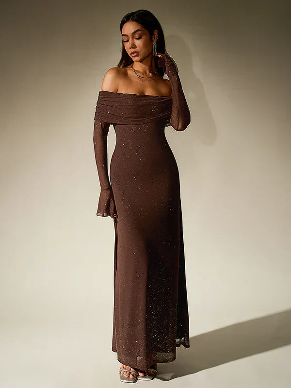 Valenzora | Off-the-shoulder evening dress in brown with glitter