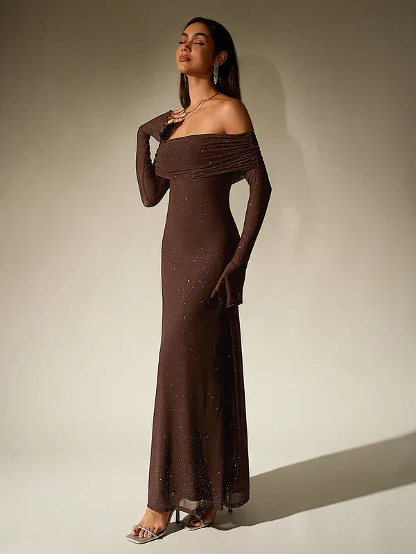 Valenzora | Off-the-shoulder evening dress in brown with glitter