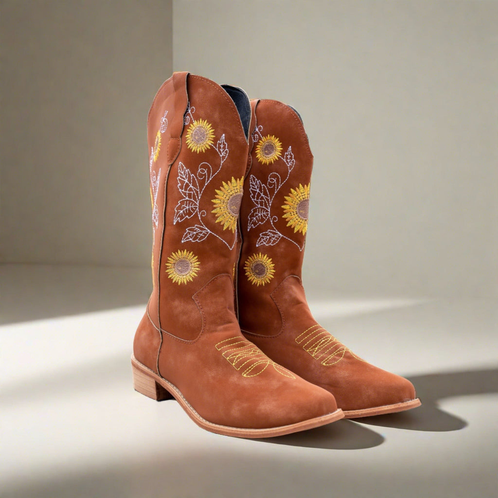 Valenzora | Hohe Cowboystiefel mit Sonnenblumenmuster