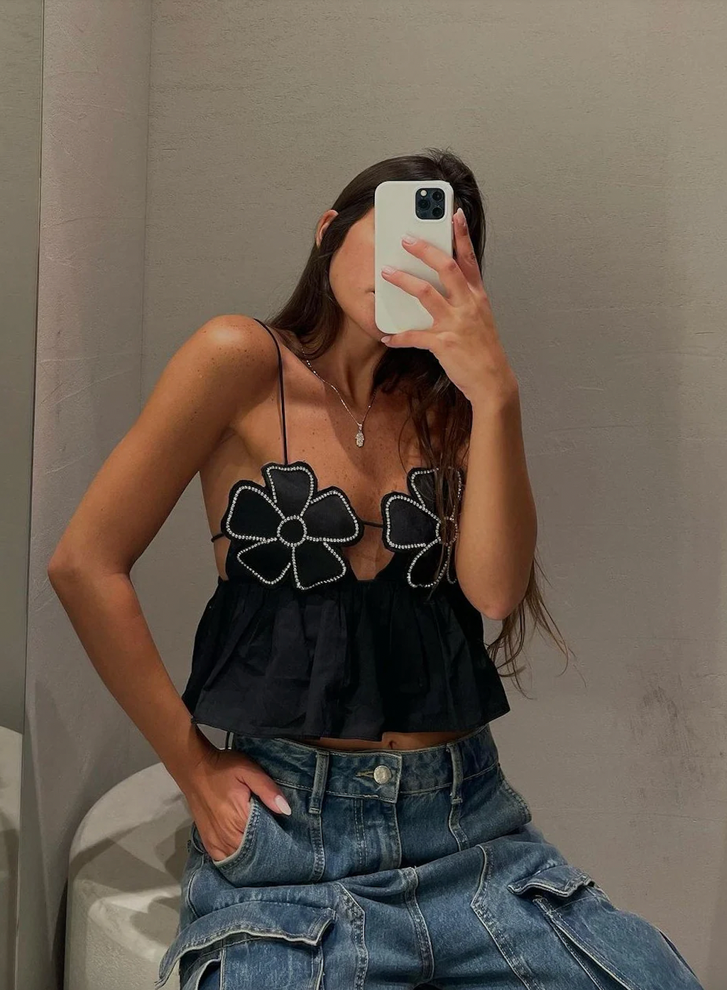 Valenzora | Damen bauchfreies Top mit Strassbesatz