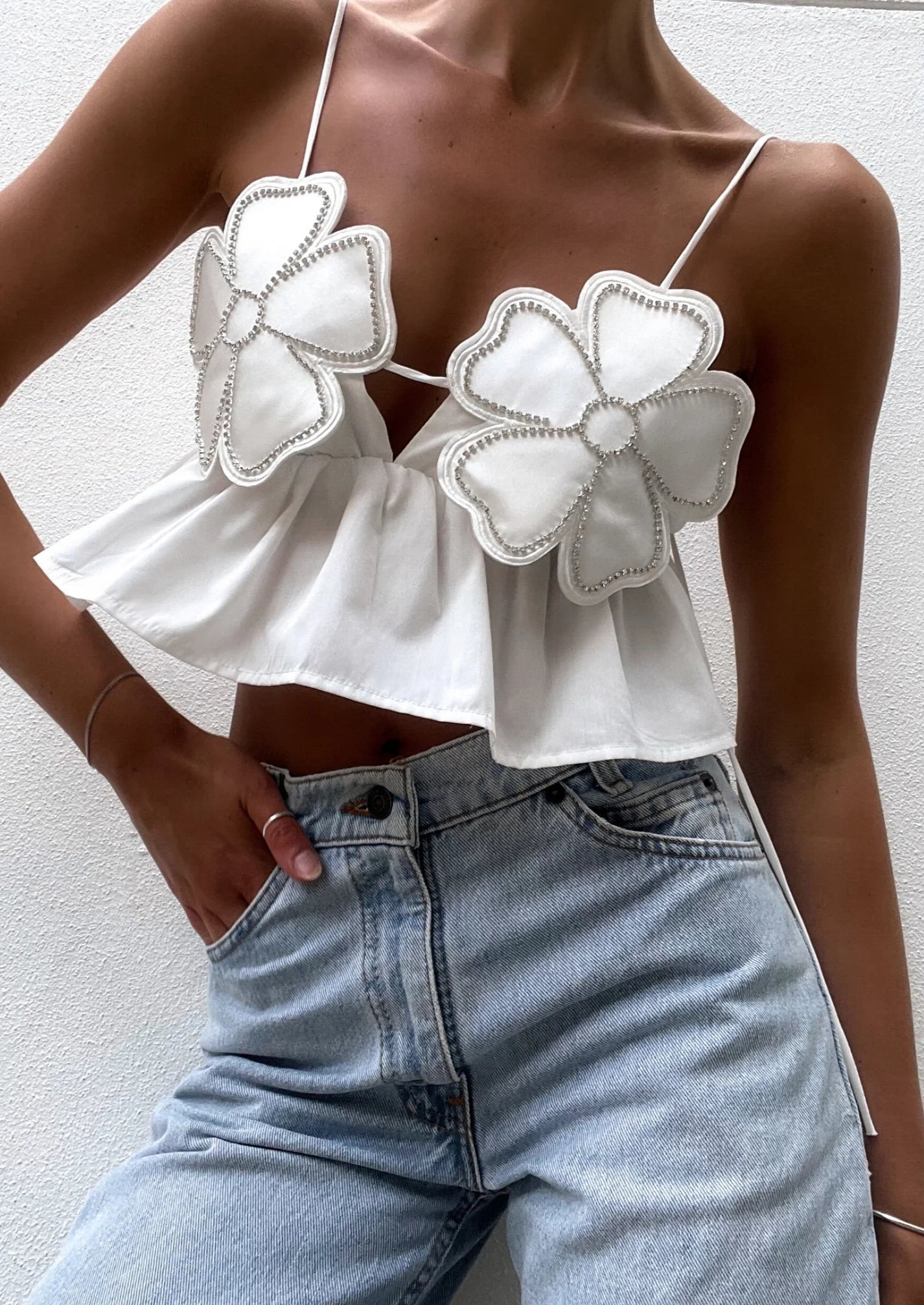 Valenzora | Damen bauchfreies Top mit Strassbesatz