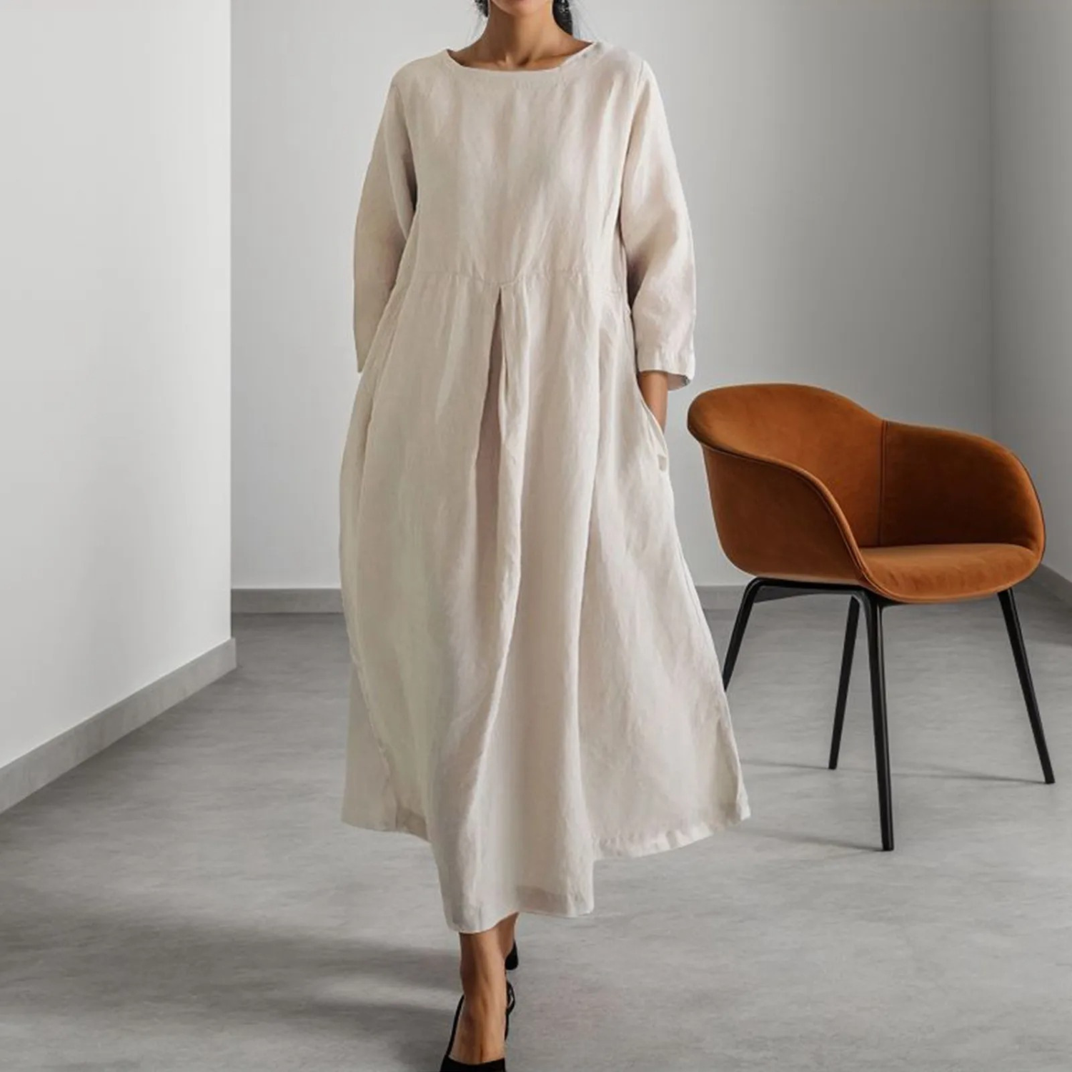 Valenzora | Schlichtes Leinenkleid mit Rundhalsausschnitt