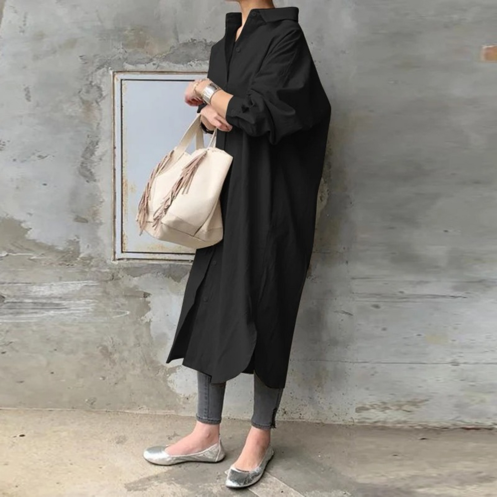 Valenzora | Solid Color Long Shirt Dress with Collar