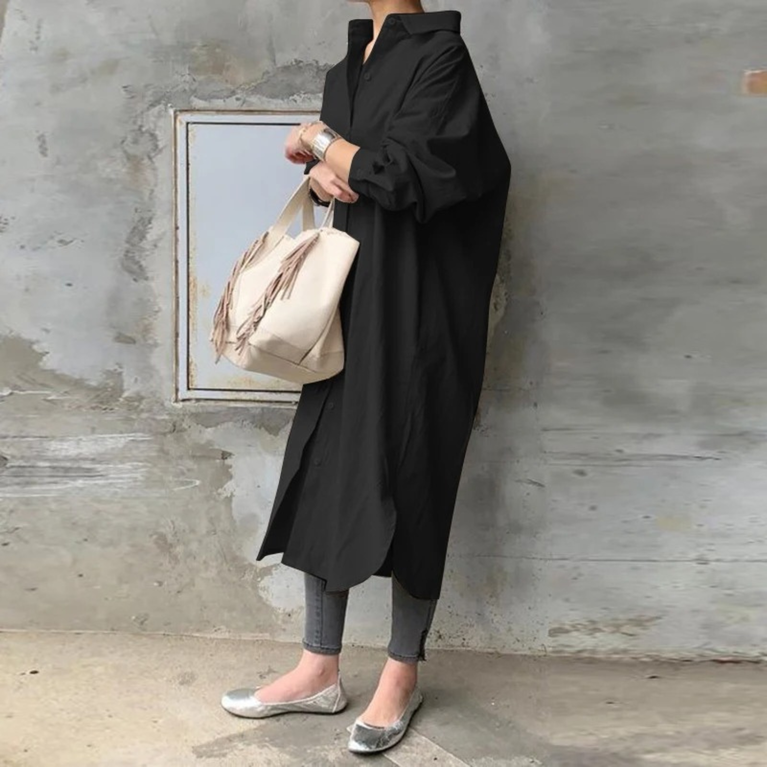 Valenzora | Solid Color Long Shirt Dress with Collar