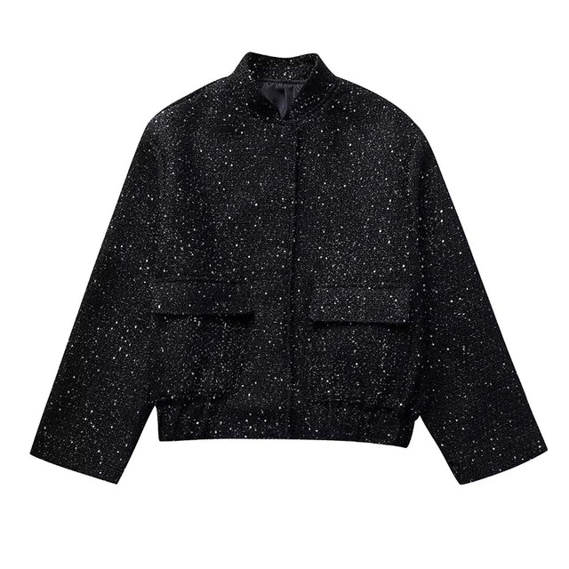 Valenzora - Women's Loose Fit Sequin Gold Bomber Jacket with Stand-Up Collar