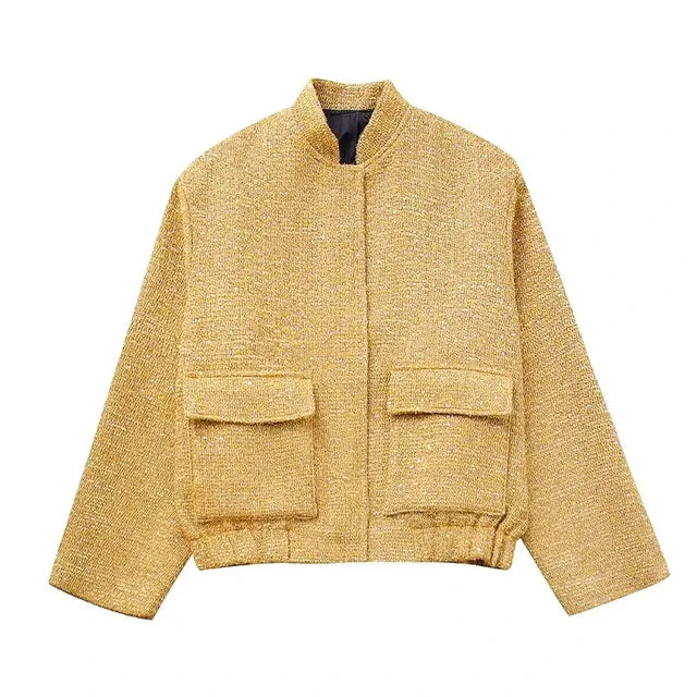 Valenzora - Women's Loose Fit Sequin Gold Bomber Jacket with Stand-Up Collar