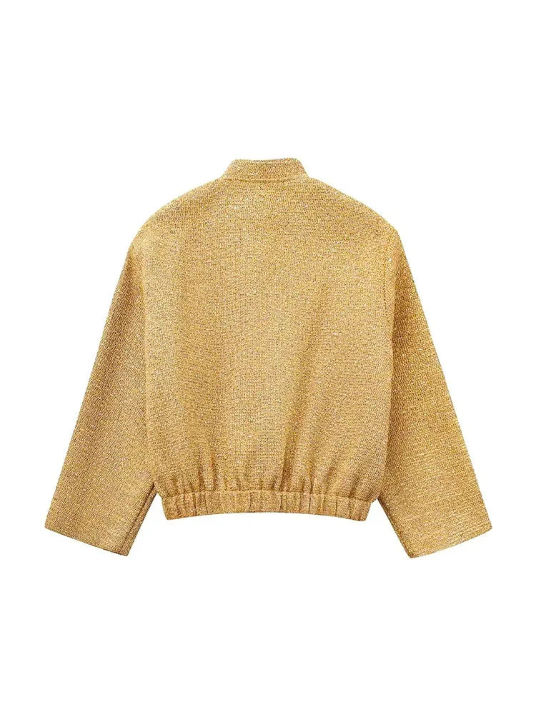 Valenzora - Women's Loose Fit Sequin Gold Bomber Jacket with Stand-Up Collar