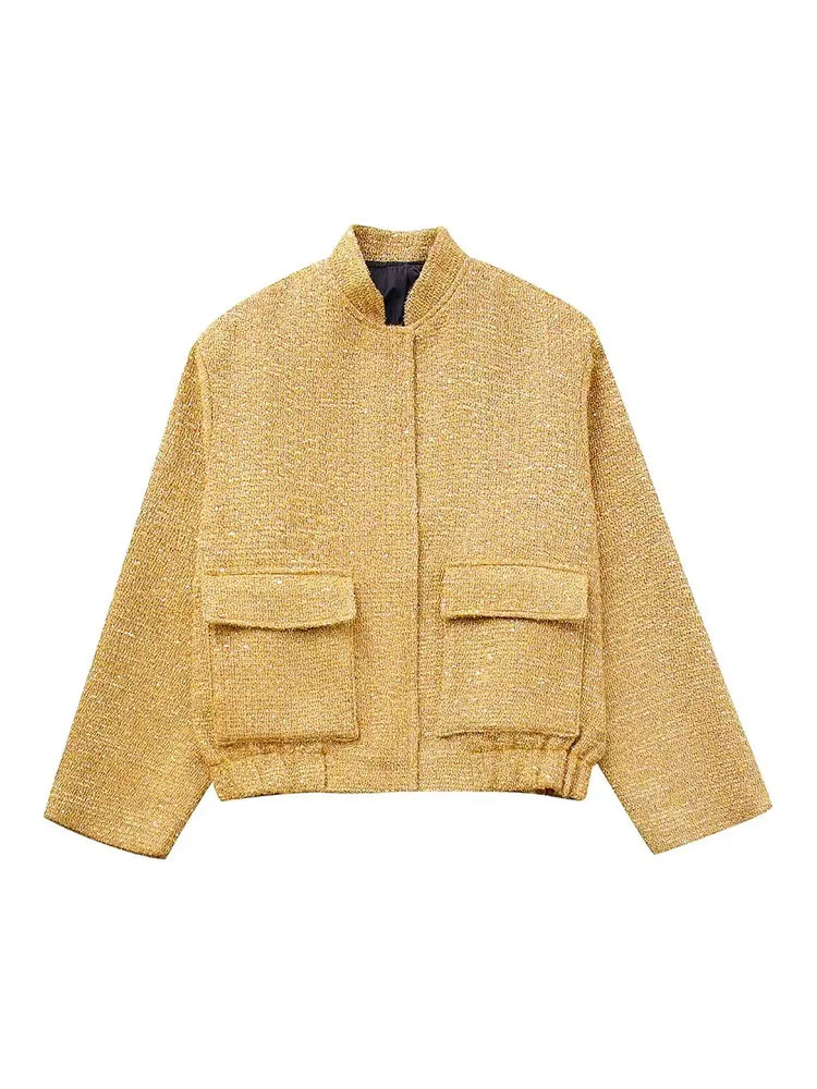 Valenzora - Women's Loose Fit Sequin Gold Bomber Jacket with Stand-Up Collar