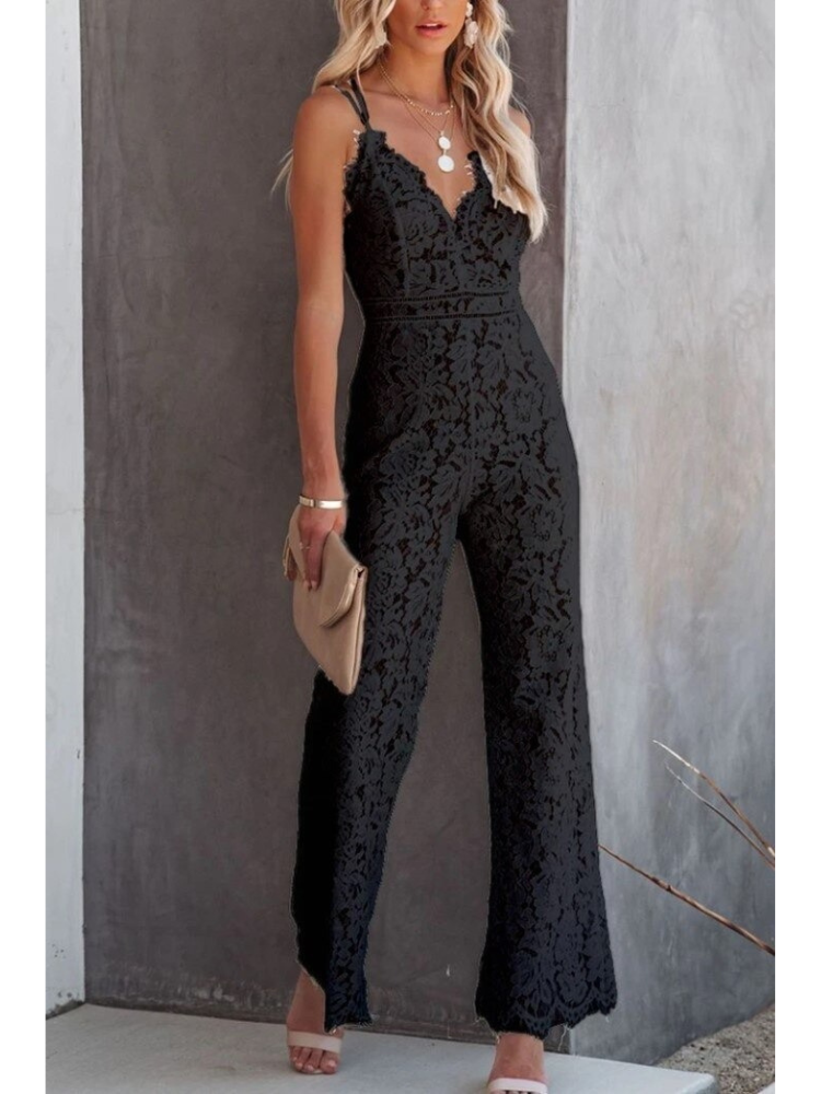 Valenzora | Jumpsuit Open Back V-Neck Lace Jumpsuit Women's Clothing