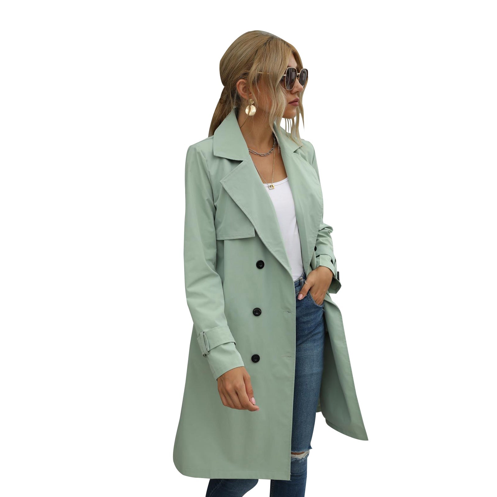 Valenzora | Damen Trenchcoat Jacke Midi, einfarbig, mit doppelreihiger Knopfleiste