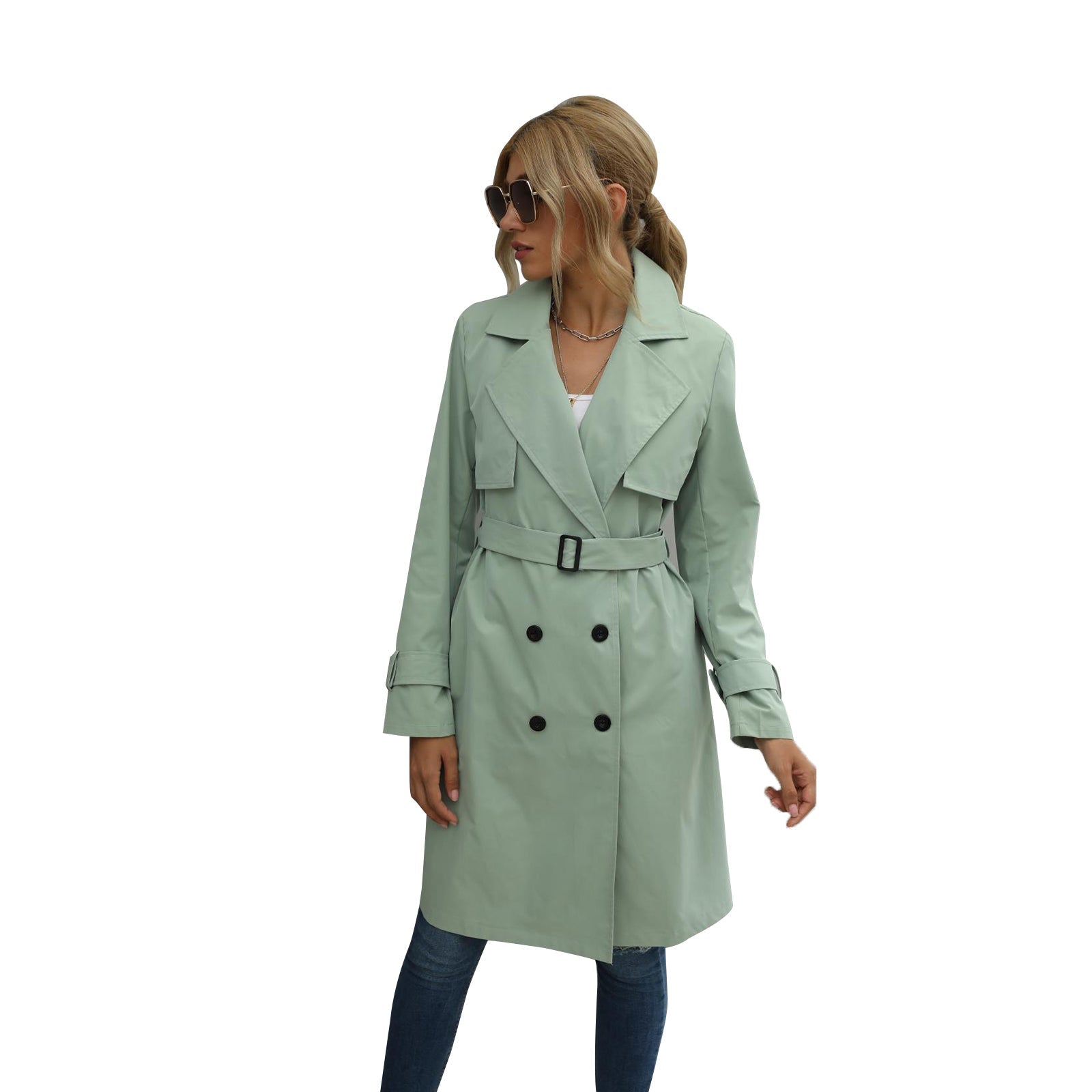 Valenzora | Damen Trenchcoat Jacke Midi, einfarbig, mit doppelreihiger Knopfleiste