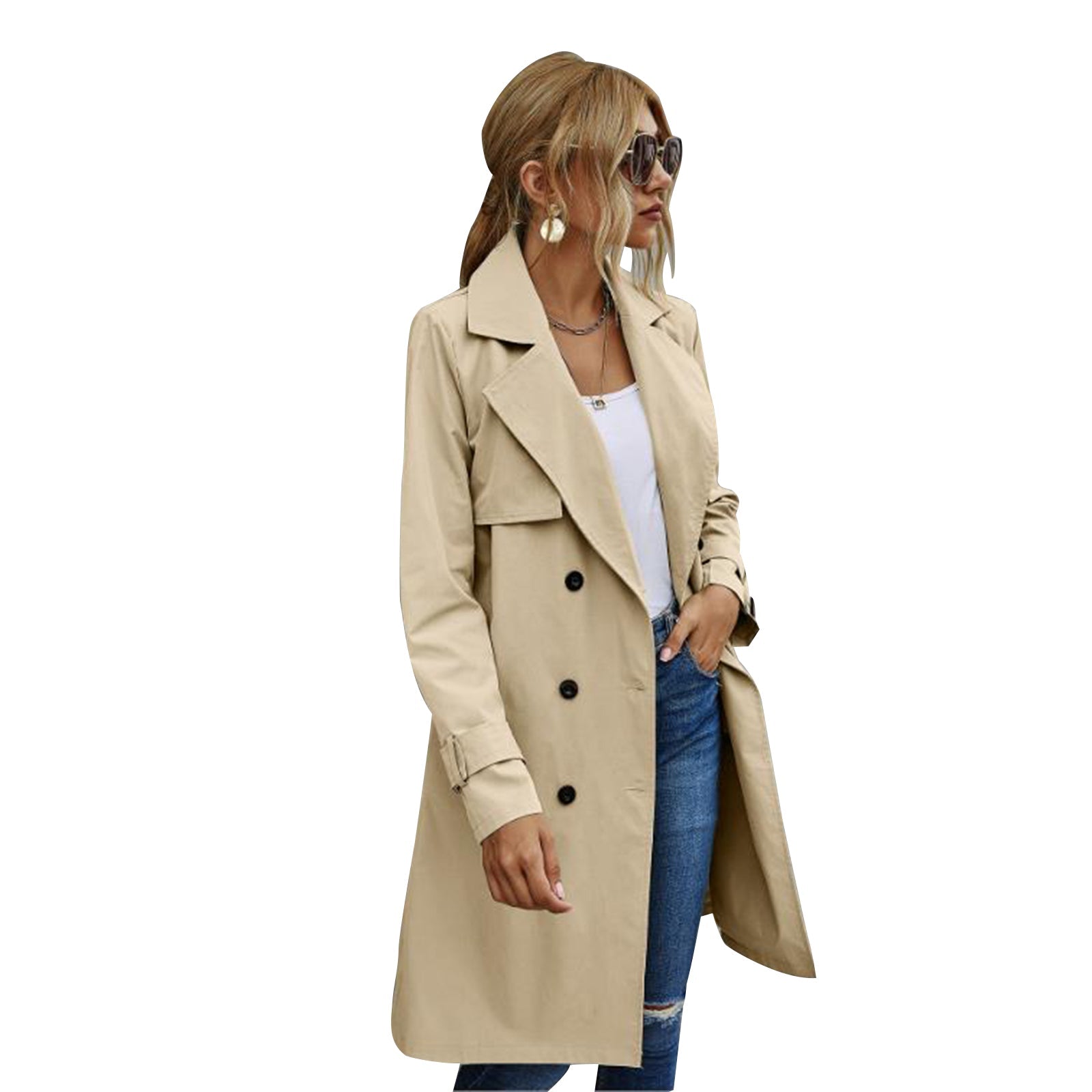 Valenzora | Damen Trenchcoat Jacke Midi, einfarbig, mit doppelreihiger Knopfleiste