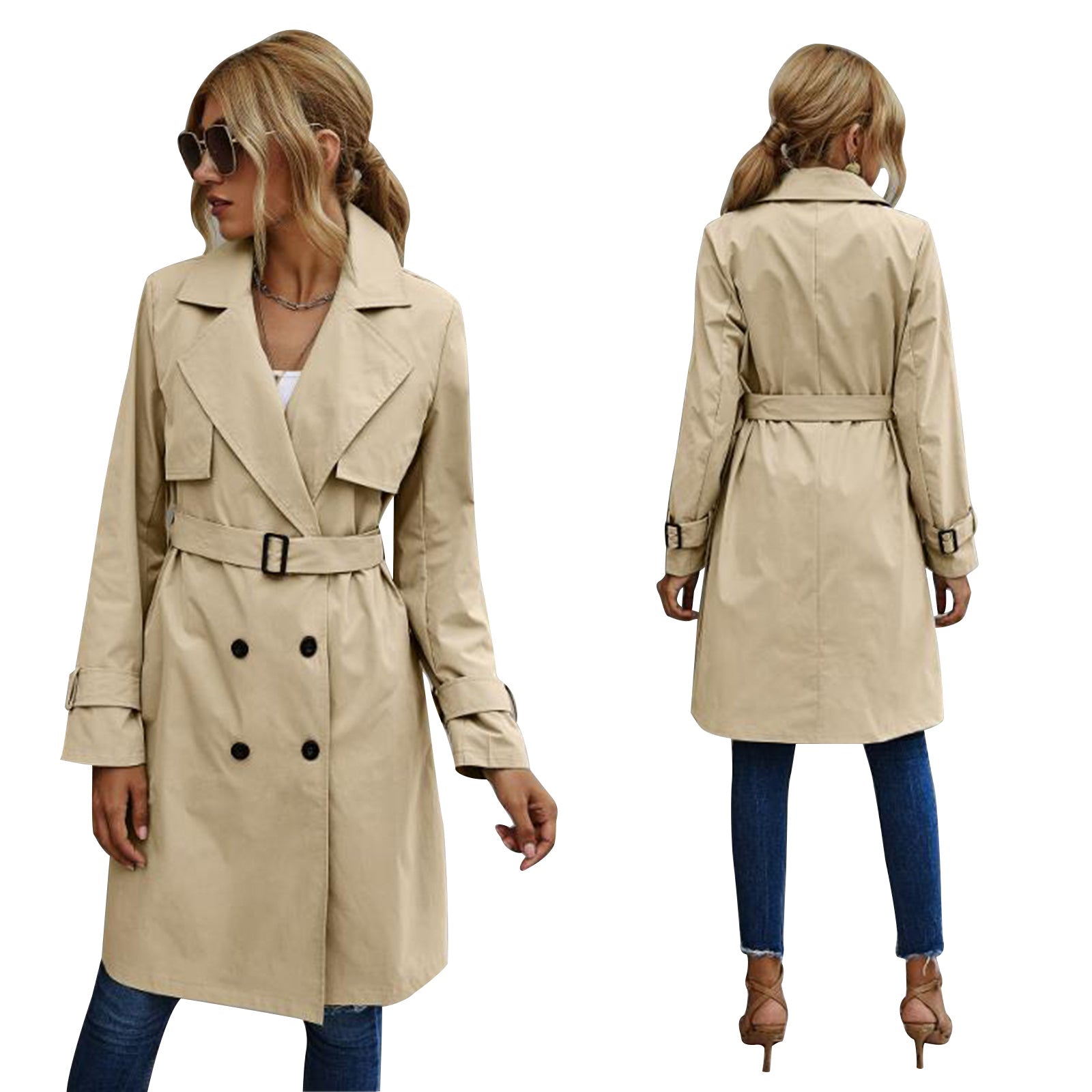 Valenzora | Damen Trenchcoat Jacke Midi, einfarbig, mit doppelreihiger Knopfleiste