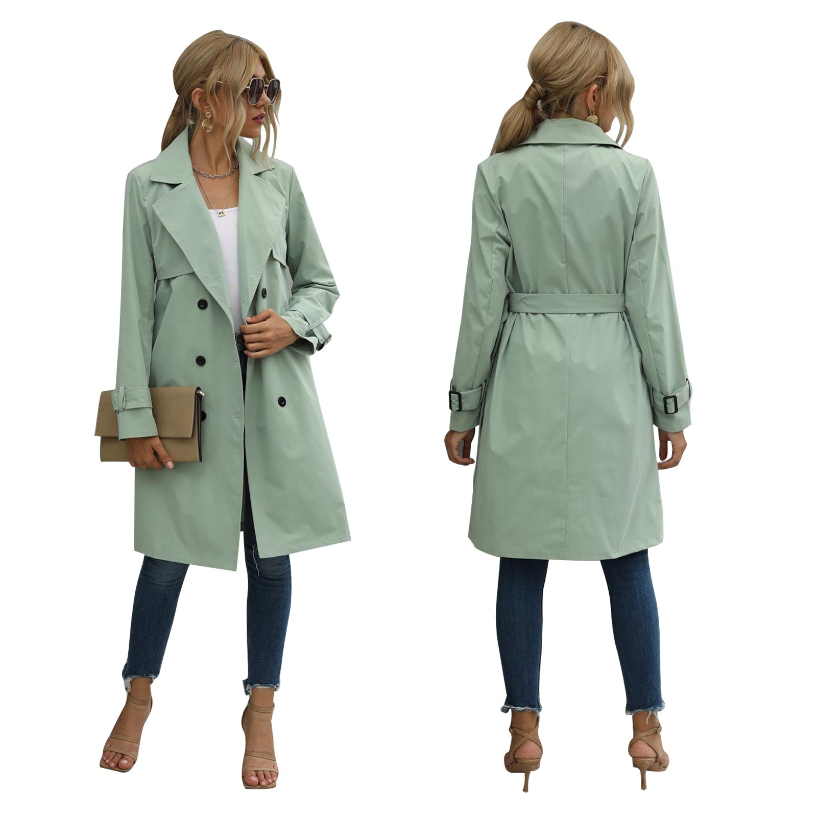 Valenzora | Damen Trenchcoat Jacke Midi, einfarbig, mit doppelreihiger Knopfleiste