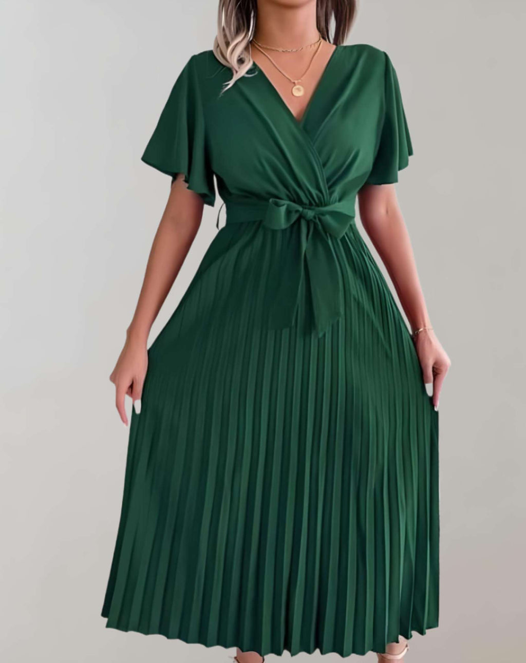 Valenzora | Pleated Dress with Wide Short Sleeves and Ribbon Dress