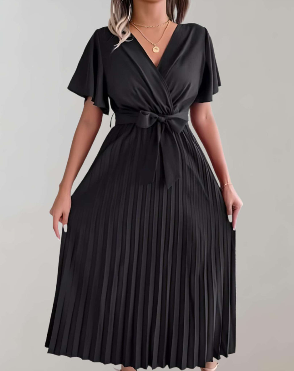 Valenzora | Pleated Dress with Wide Short Sleeves and Ribbon Dress