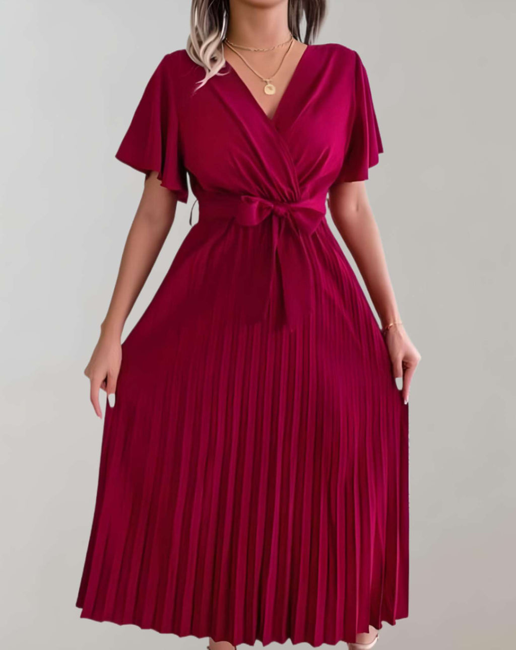 Valenzora | Pleated Dress with Wide Short Sleeves and Ribbon Dress