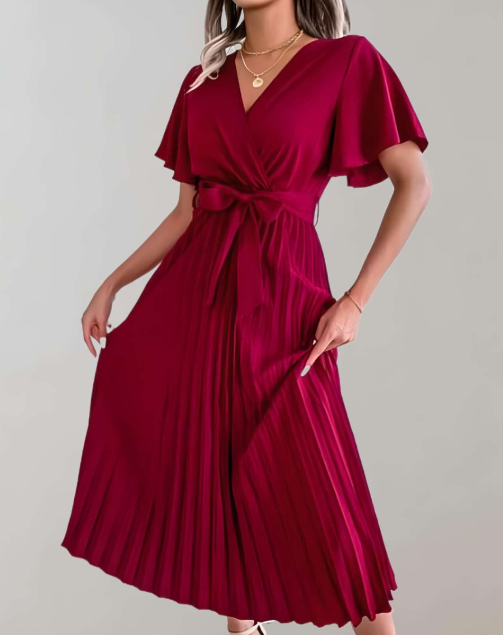 Valenzora | Pleated Dress with Wide Short Sleeves and Ribbon Dress