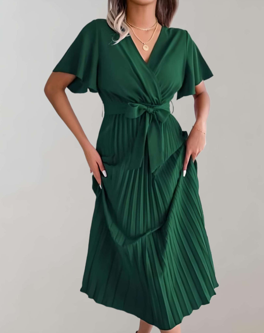 Valenzora | Pleated Dress with Wide Short Sleeves and Ribbon Dress