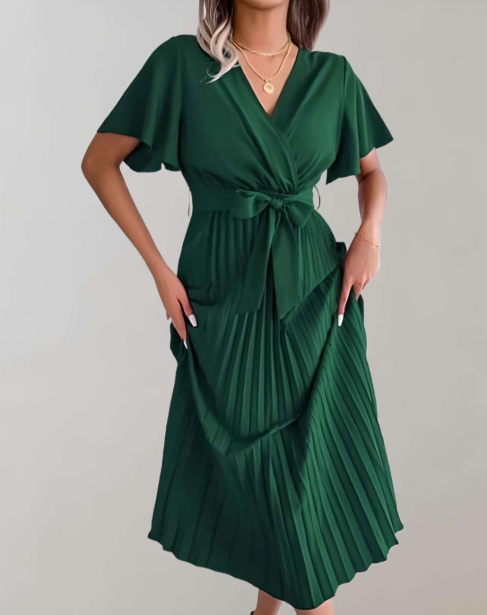 Valenzora | Pleated Dress with Wide Short Sleeves and Ribbon Dress