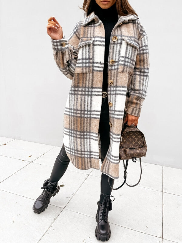 Long checked women's coat