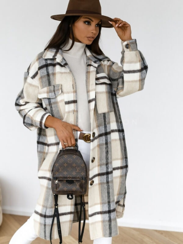Long checked women's coat