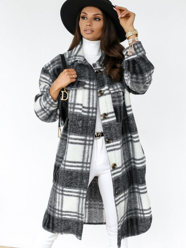 Long checked women's coat