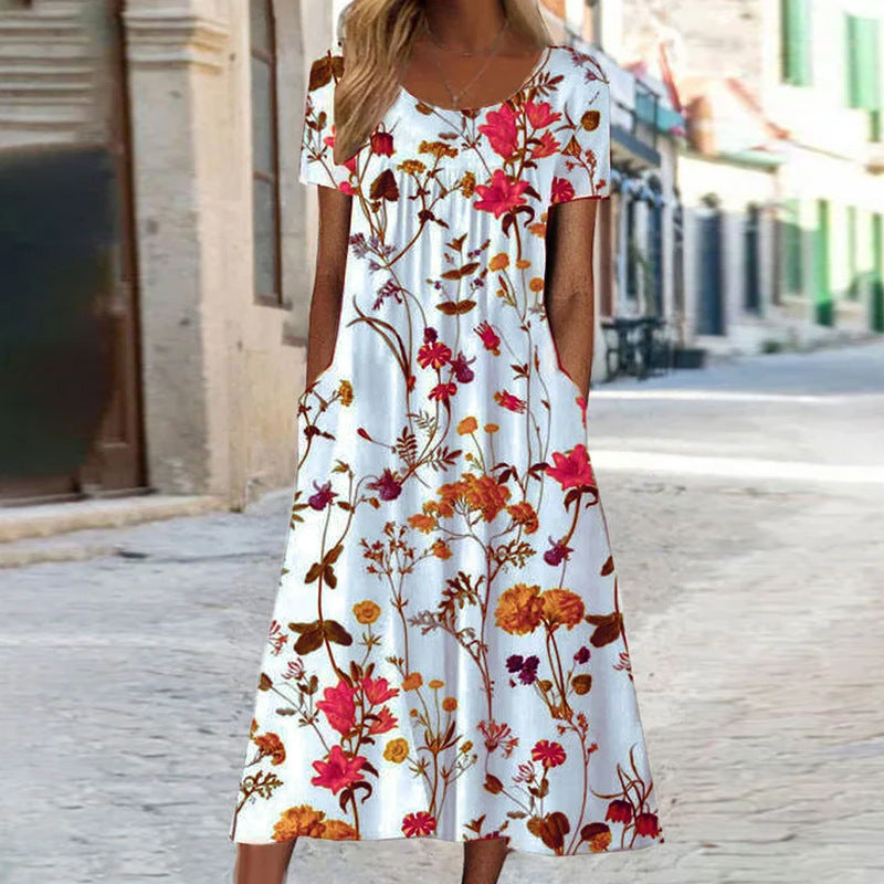 Valenzora – Maxi-Kleid im Bohemian-Stil mit Blumendruck und Taschen | Kurzärmeliges Maxi-Kleid für Damen im Boho-Chic mit Blumenmuster
