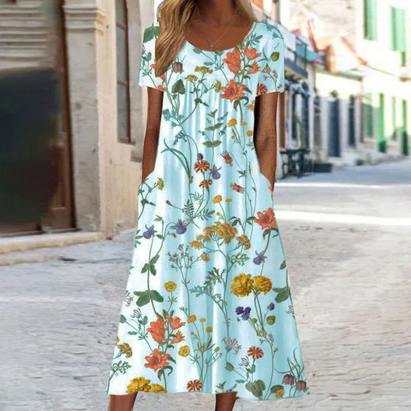 Valenzora – Maxi-Kleid im Bohemian-Stil mit Blumendruck und Taschen | Kurzärmeliges Maxi-Kleid für Damen im Boho-Chic mit Blumenmuster