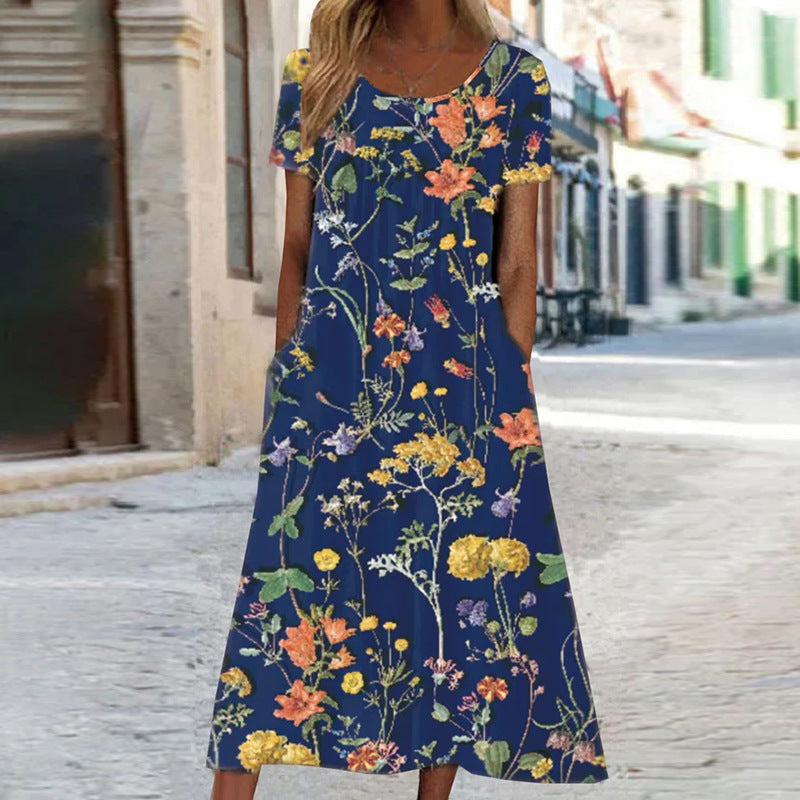 Valenzora – Maxi-Kleid im Bohemian-Stil mit Blumendruck und Taschen | Kurzärmeliges Maxi-Kleid für Damen im Boho-Chic mit Blumenmuster