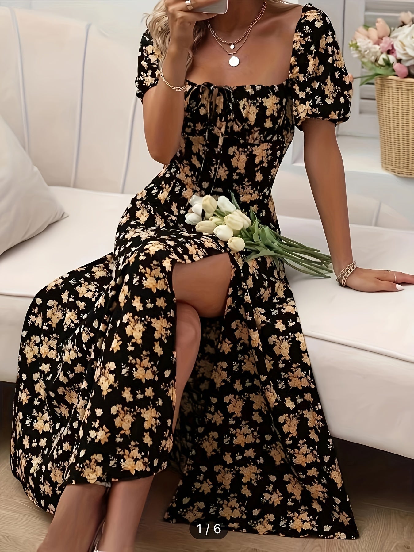 Valenzora | Elegantes Blumenkleid mit Schlitz und Puffärmeln. Perfekt für Frühling und Sommer.