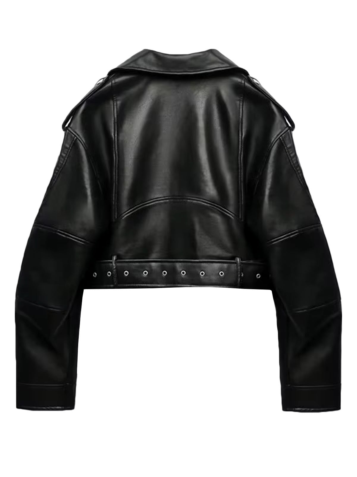 Valenzora | Cropped faux leather biker jacket with belt