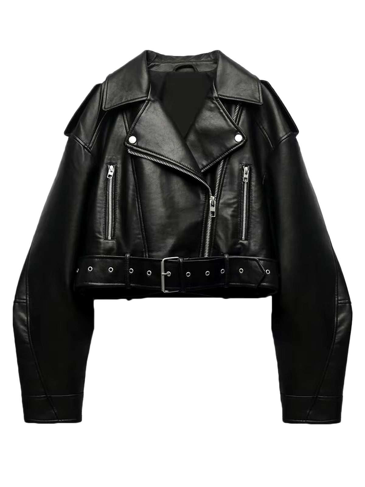 Valenzora | Cropped faux leather biker jacket with belt