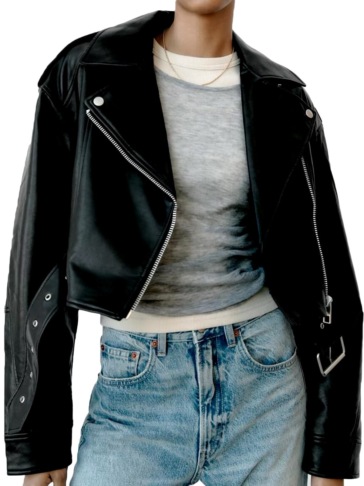 Valenzora | Cropped faux leather biker jacket with belt