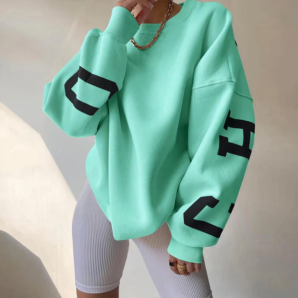 Valenzora - Long-sleeved sweatshirt with printed letters and round neck for women