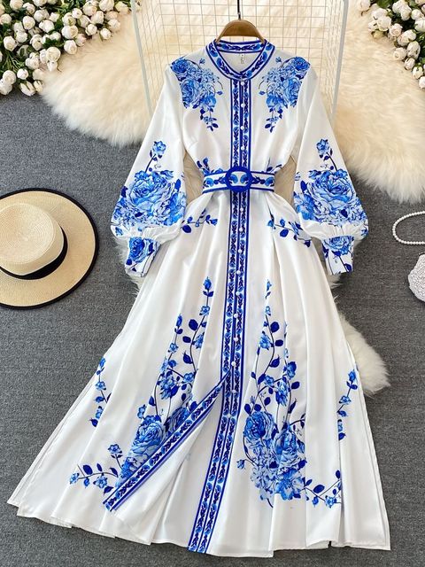Valenzora Floral Print Dress, Long Lantern Sleeves, Single, Vintage