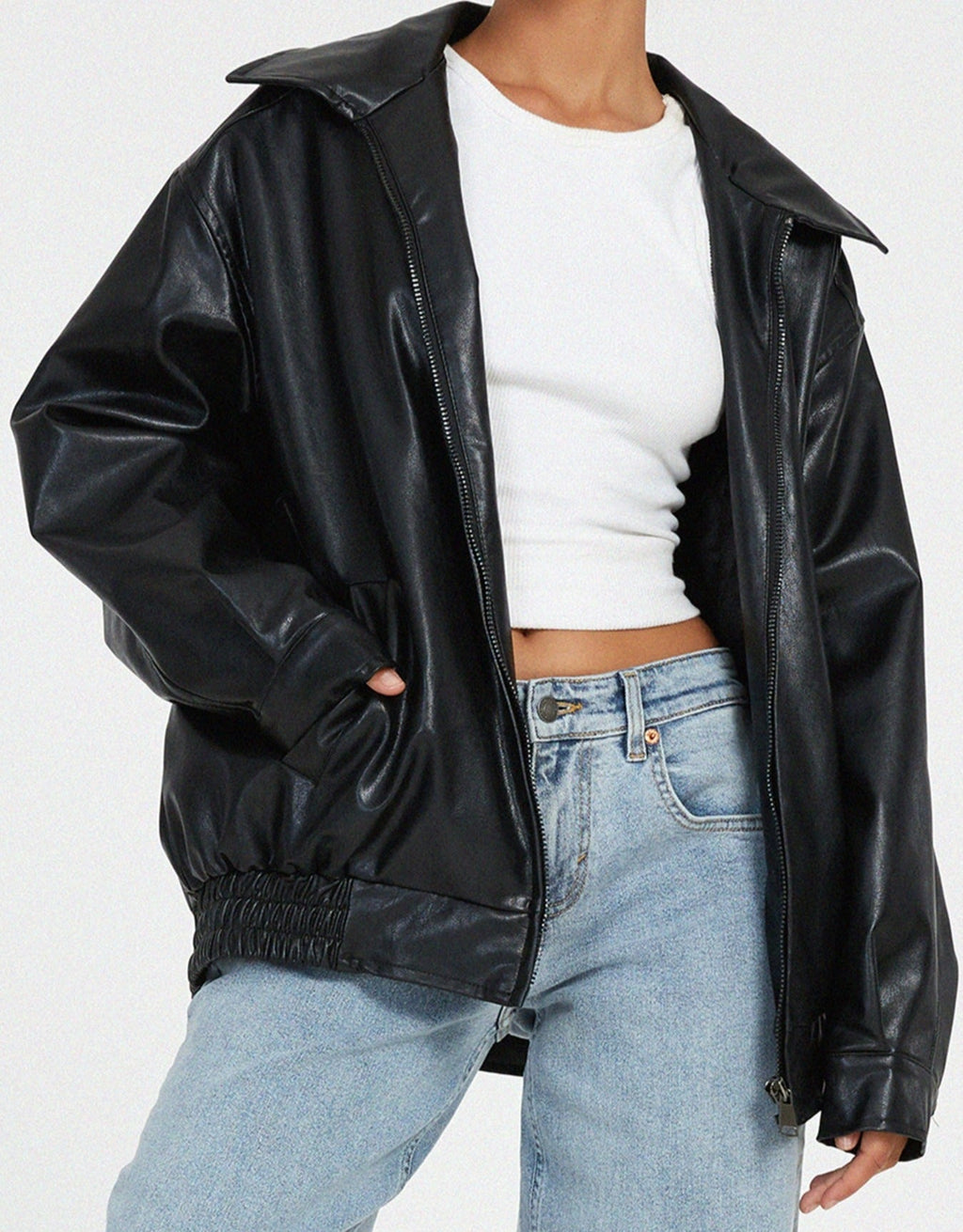 Valenzora | Oversized leather jacket with zipper | Leather bomber jacket | Women's leather jacket