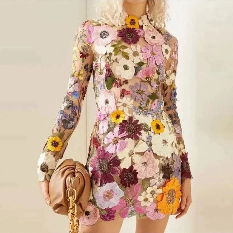 Valenzora | Embroidered, floral-patterned sheer mini dress