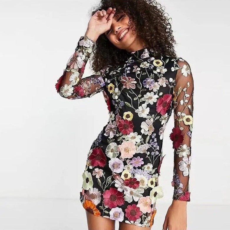Valenzora | Embroidered, floral-patterned sheer mini dress