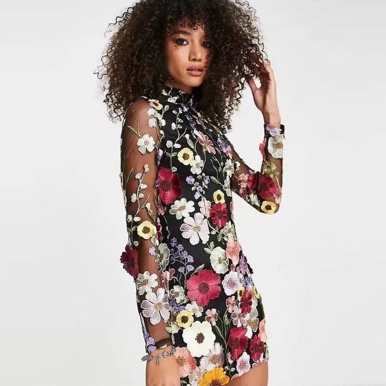 Valenzora | Embroidered, floral-patterned sheer mini dress